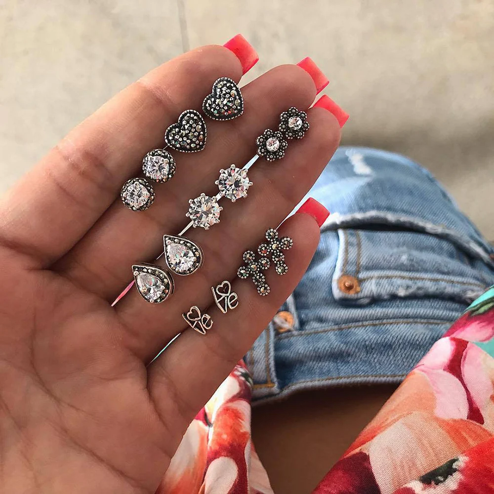 7 пар/уп. этнические хрустальные серьги гвоздики с цветами в форме сердца набор