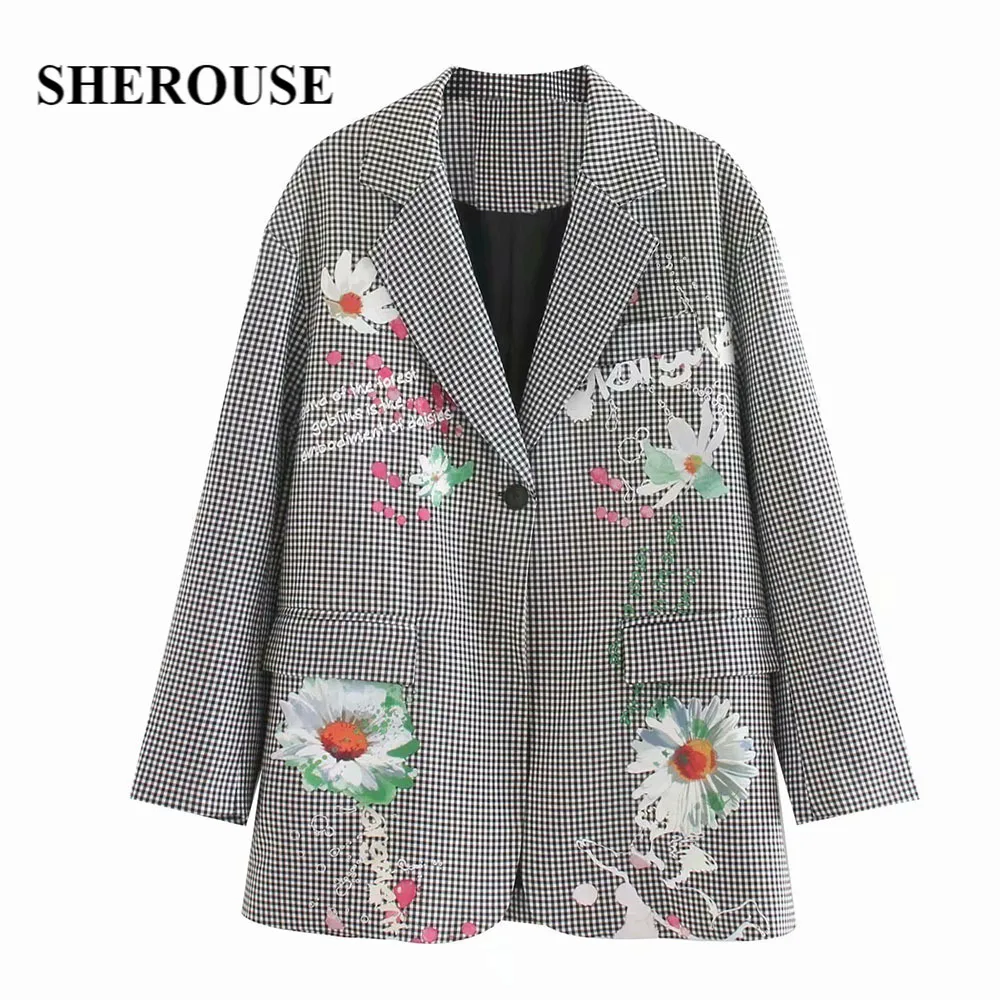

Sherouse Women Fashion Floral Printed Checkered Blazer Long Sleeves Elegant Chic Lady Suit Casual Woman INS Style Blazer Coat