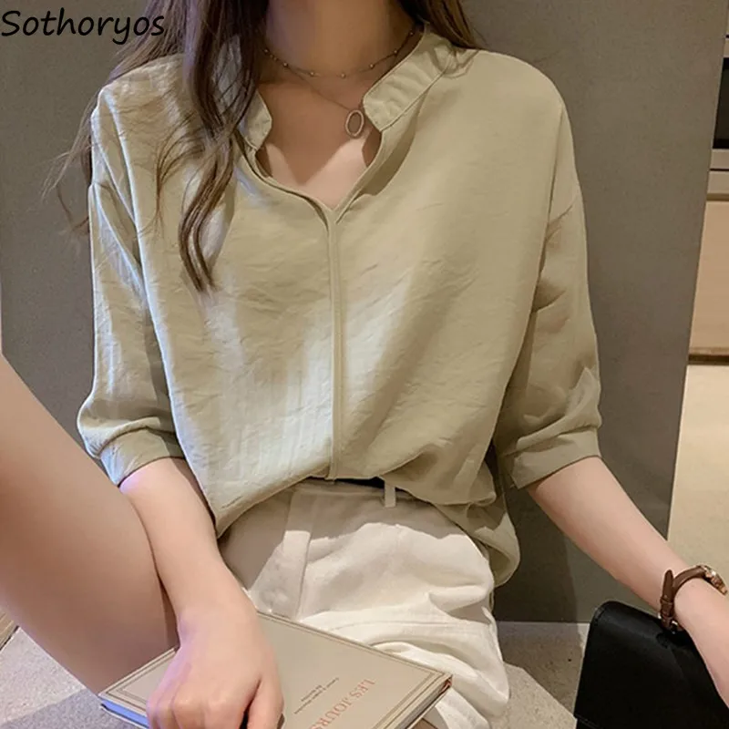 

Рубашки женские Harajuku Ulzzang сексуальные весенне-летние новые модные шифоновые Свободные однотонные с коротким рукавом и V-образным вырезом по...