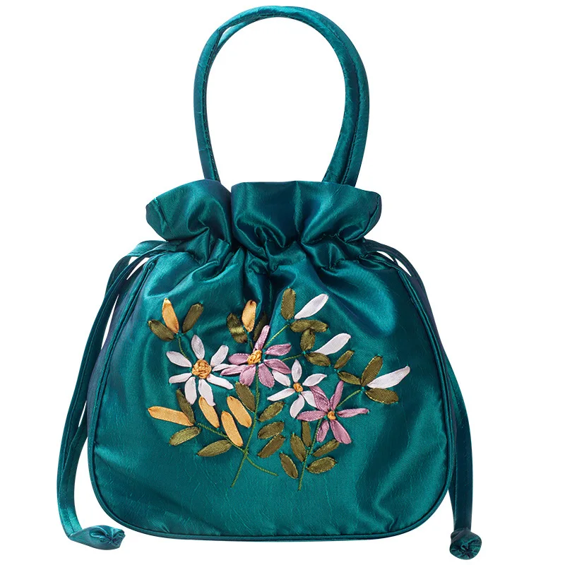 

Small Women Bucket Bag Top Handle Ladies Handbag Phone Bag Summer Purse National Style Embroidered Flower Pattern Drawstring Bag