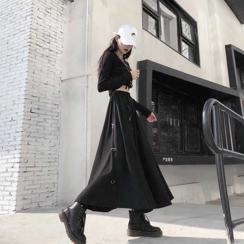

Women Sexy High Waist Harajuku Gothic Midi Long Punk Streetwear Ring Ribbon Loose Skirt Korean Tracksuit Black Vintage H