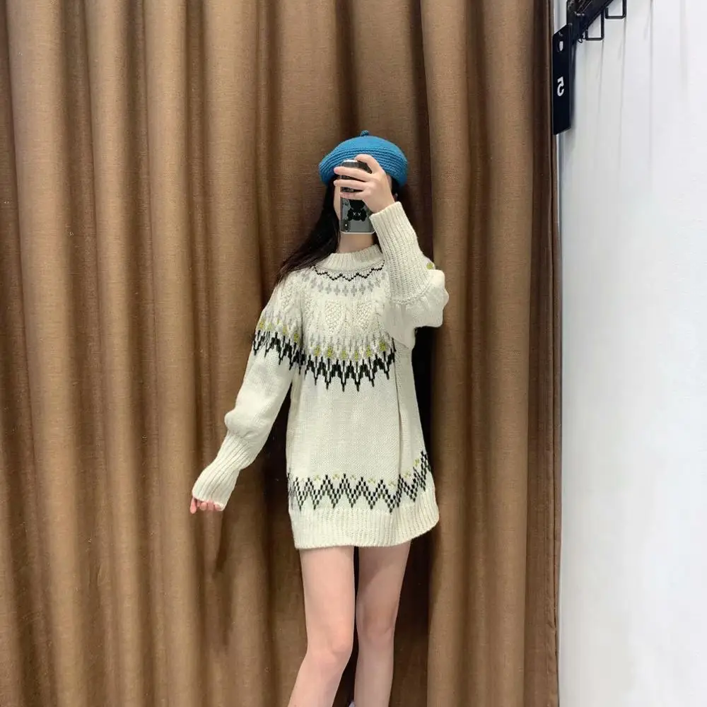 ZA NEW Spring women's white O-Neck long lantern sleeve geometric knitted Sweaters fashion female woman clothes | Женская одежда