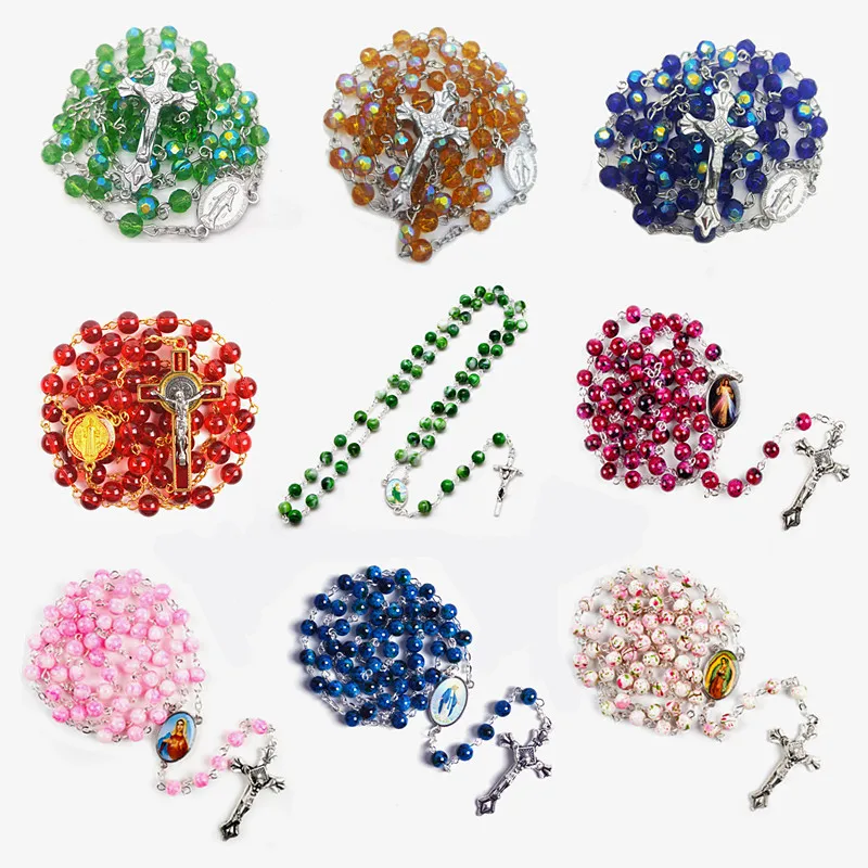 

9 Types Religion Cross Pendant Rosary Bead Necklace Catholic Choker Round Glass Beads Virgin Mary Jesus Jewelry Accessories