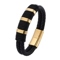 punk style genuine double layer men leather bracelet stainless steel magnetic buckle jewelry black bangles birthday gift bb0777