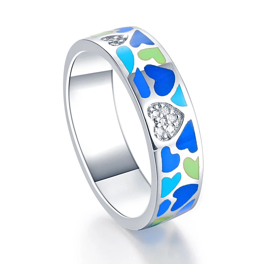 Эмалированное кольцо SJF обручальное с синей и зеленой эмалью серебряное для