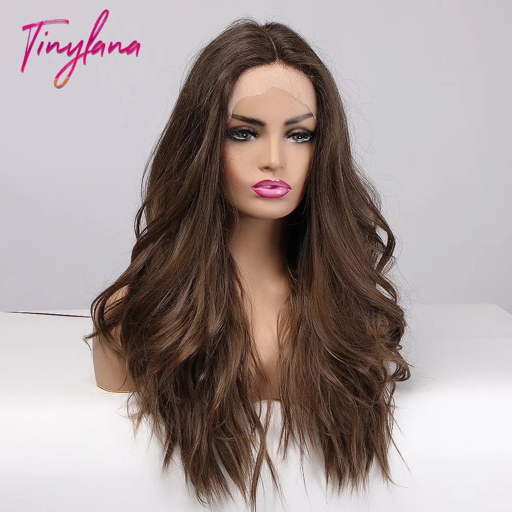 TINY LANA Long Wavy Wigs Ombre Honey Brown Lace Front Middle Part Synthetic Hair For Afro Black Woman Heat Resistant Fiber | Шиньоны и