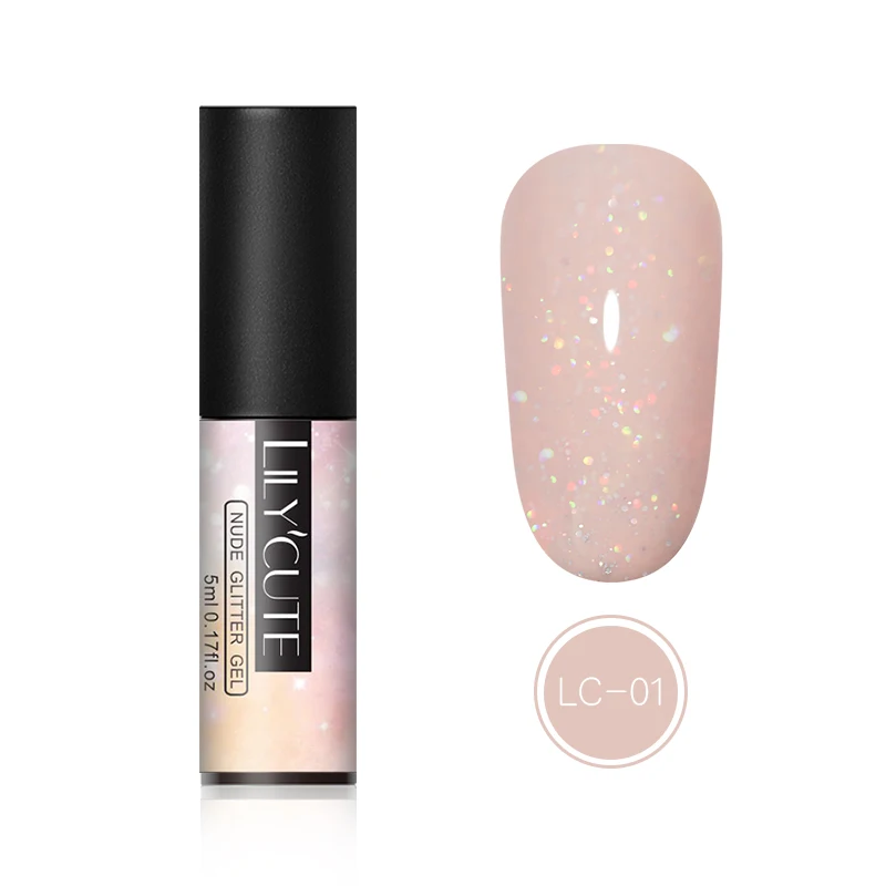 nude glitter 01 LILYCUTE 5 мл стеклянная Глазурь УФ-Гель-лак чистый зеленый красный красочный замочить от ногтей Гель-лак для маникюра эффект цветения - Цвет: nude glitter 01