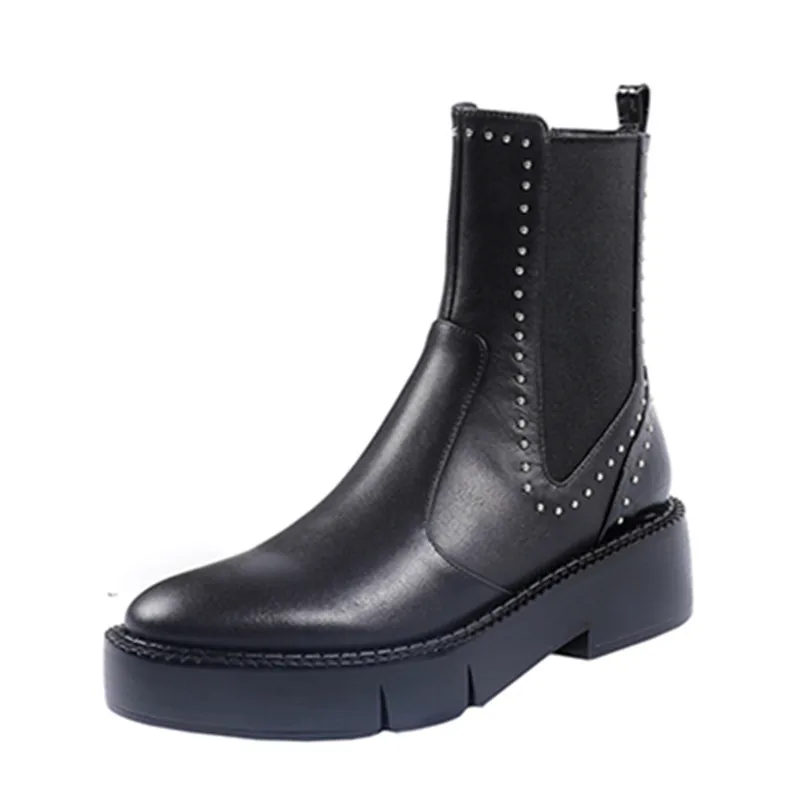 

New Fashion Leather Flok Women Ankle Boots Breathable Thick Heel Slip-on Elastis Band Short Botas Feminina Botas Feminin