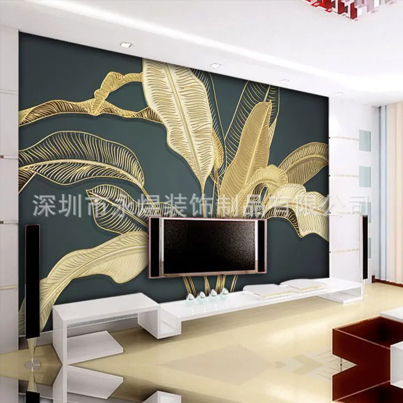 Большая роспись в американском стиле золотые обои виде банановых листьев темный