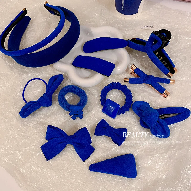 

Minar Stylish Multi Designs Klein Blue Plush Headband for Women Korean Simple Solid Color Wide Brimmed HairBands Accessories