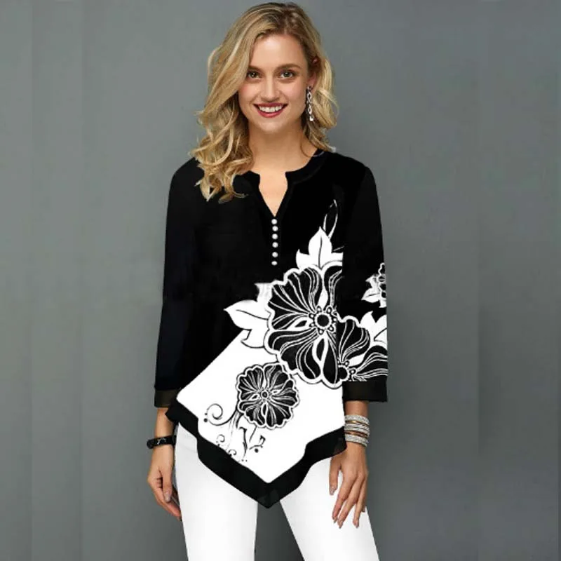 

Shirt Blouse Fashion 2020 Large Size Tops Women Casual V Neck Shirt Ladies Loose Floral Print Tunic Shirt