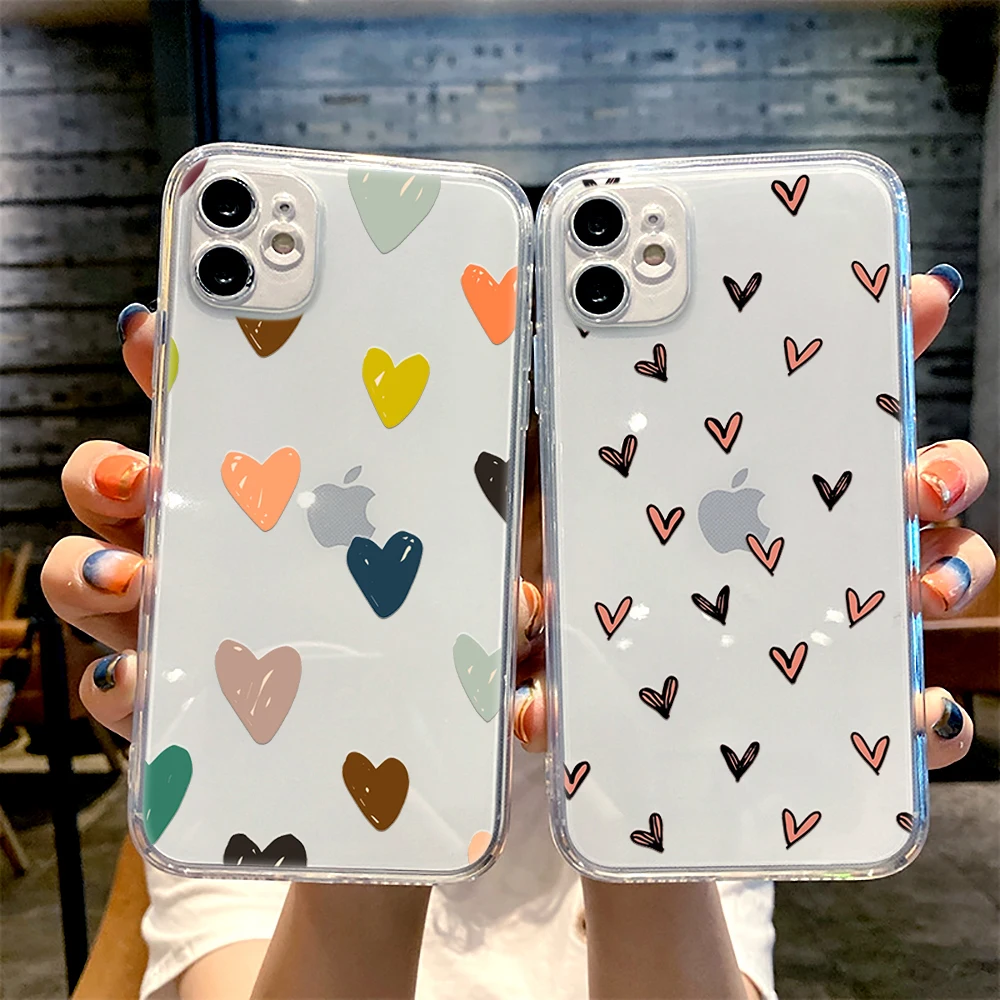 

Love Heart Pattern Cute Phone Case for iphone 13 12 11 Pro Max Mini 6 6s 7 8 Plus SE2020 X XR XS Shockproof Clear Shell Coque