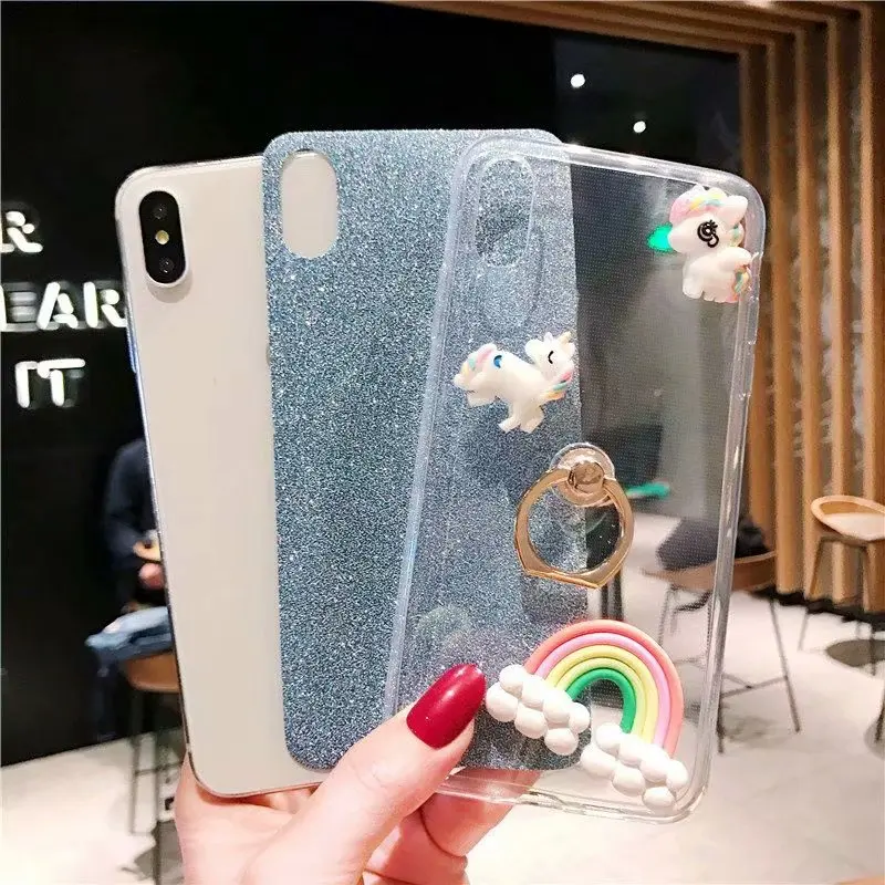 Transparent Glitter Phone Case For iPhone 6 6S 7 8 Plus X XS XR SMAX 3D Unicorn With Ring Stand Anti-knock Soft Back Cover Capa |