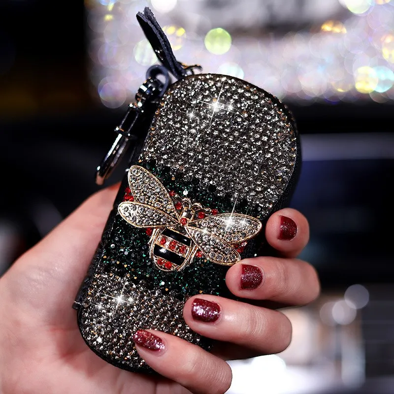 Кожаный чехол для автомобильных ключей с блестящими кристаллами и маленькой