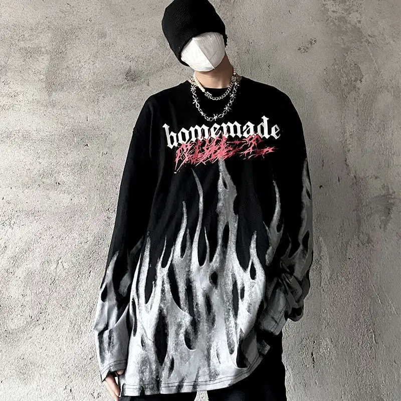 

Tie-dye flame long-sleeved T-shirt men letter printed autumn new loose oversize hip-hop high street Harajuku man student tops