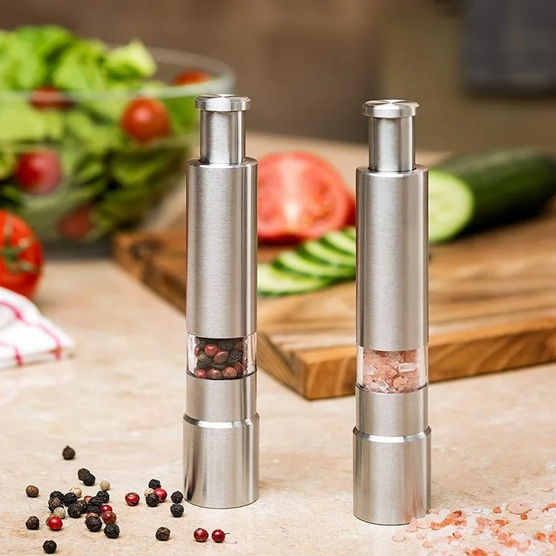 

Manual Pepper Mill Salt Shakers Tools Grinders Pepper Spice Push Kitchen One-Handed Sauce Grinder Thumb Stick Stainless Steel