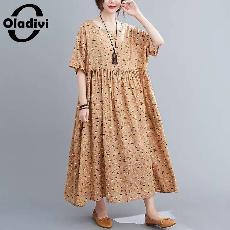 Oladivi размера плюс из хлопка и льна с принтом Длинные платья женские 4XL 5XL 6XL 7XL 8XL