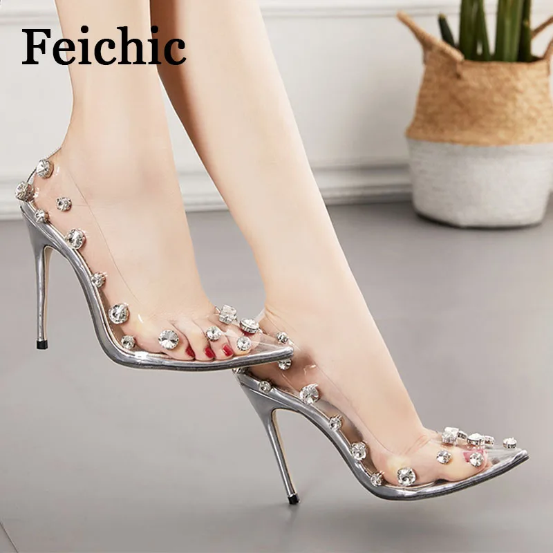 Женские туфли с острым носком Feichic Серебристые свадебные на высоких каблуках