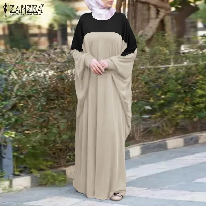 

Muslim Dress ZANZEA Women Round Neck Long Sleeve Robe Vintage Contrast Color Maxi Dress 2022 Kaftan Abaya Morocco Islam Clothing