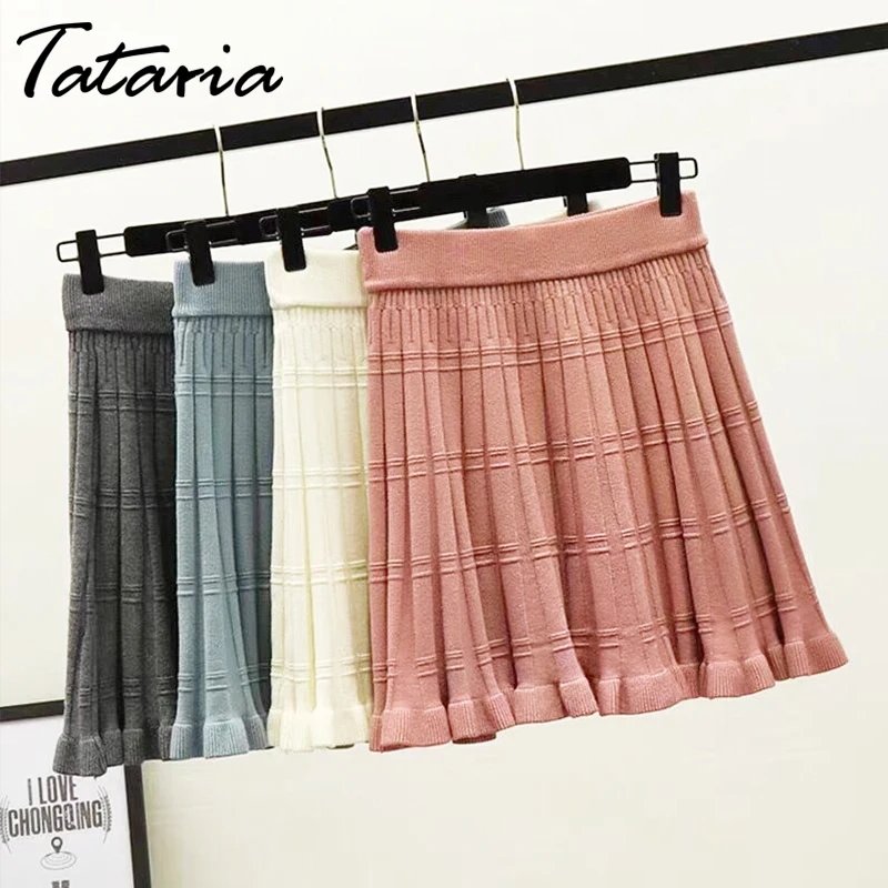 Женские юбки с высокой талией Tataria теплые плиссированные на весну и осень вязаные