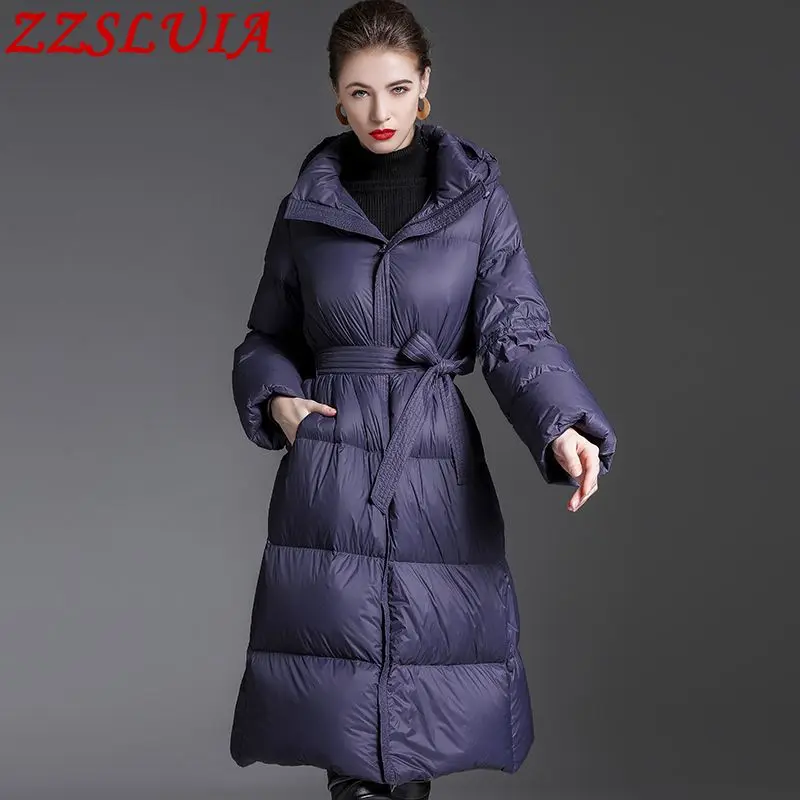 

Fashion White Duck Down Jacket With Hooded Long Sleeve Sashes Designer Solid Color Ladies Long Down Coat Female 2021 Winter