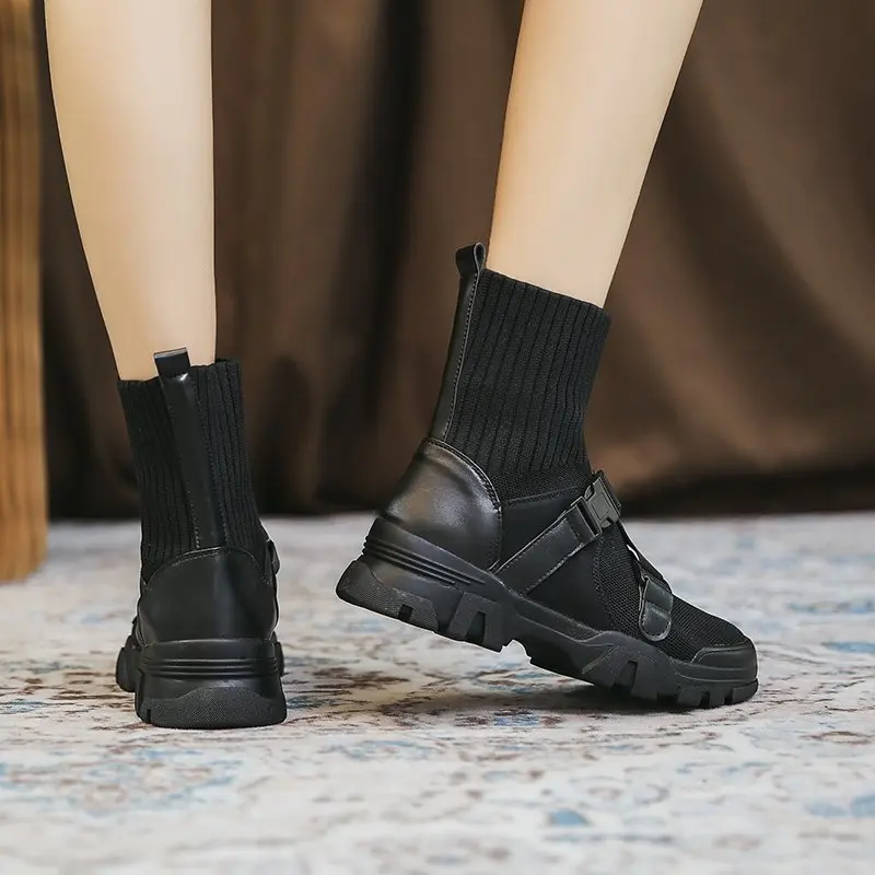 

Women Boots Casual Sock Boots Fashion Buckle Solid Color Comfortable Slip-on 2020 New Autumn Outdoor Women Shoes Ladies Boots