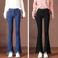 2022 autumn winter new blue velvet micro flared jeans womens stretch high waist split fringed flared pants thicken warm pants