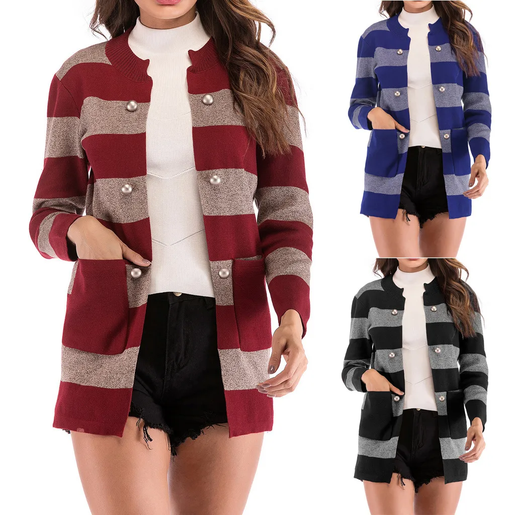 2019 осенний кардиган женский открытый стежок вязаный полосатый свитер джемпер