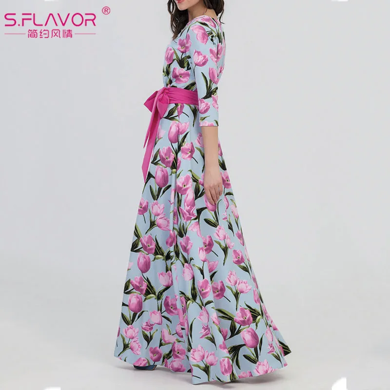S. FLAVOR весеннее Модное Длинное платье для женщин Элегантные Вечерние Платья с цветочным принтом женские повседневные платья с круглым вырезом