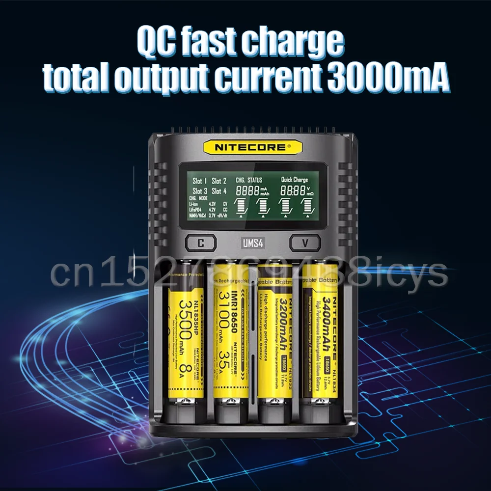 NITECORE UMS4 Батарея зарядное устройство QC Быстрая зарядка 4A с 4 слота Выход ЖК дисплей