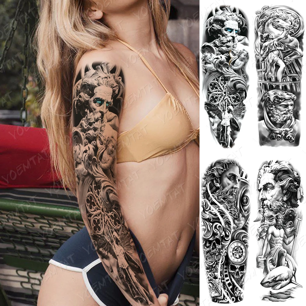 

Waterproof Temporary Full Arm Tattoo Sticker Greek Goddess Zeus Sea King Angel Flash Tatoo Woman Body Art Fake Sleeve Tatto Male