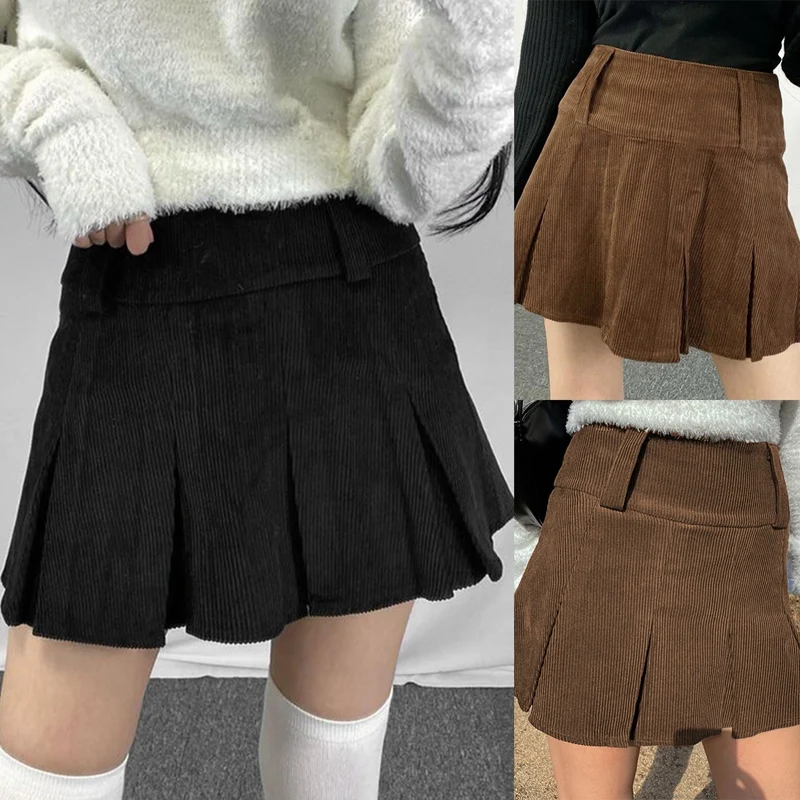

Women's Fashion Solid Color Corduroy Pleated Short Skirt