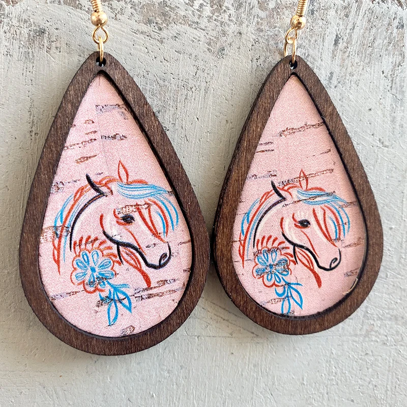

teardrop wood leather earrings for women textured Bark texture leather with sunflower horse cowboy hat print dangle earrings