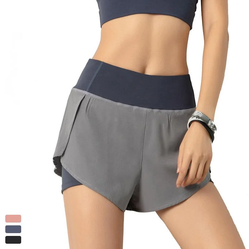 Summer Yoga Pants Women Solid Fake Two Piece Quick Dry High Waist Hip Lift Shorts Pocket Casual Fitness Sports Running Joggers