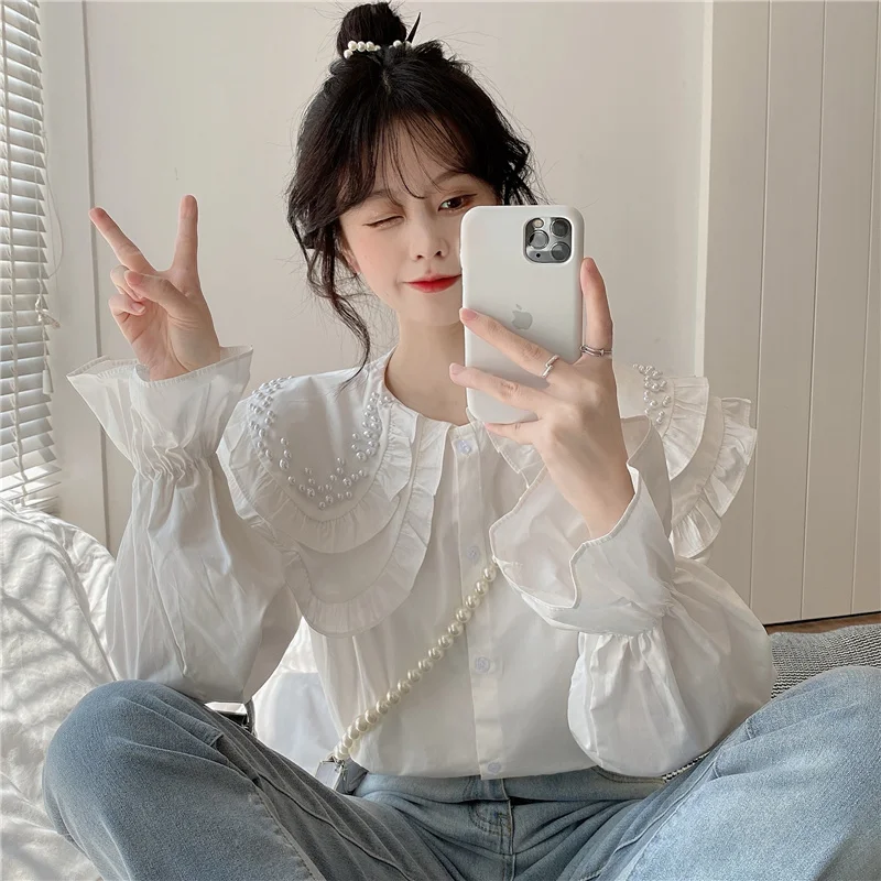 2021 детский воротник белая рубашка Женский Топ Новая маленькая с длинным рукавом |