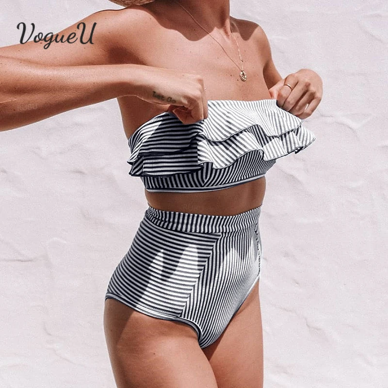 

Newest Women Striped Sleeveless Strapless Ruffle Tube Top + High Waist Underwear Swimsuits Chic Beach Bikinis Set 2021 Summer