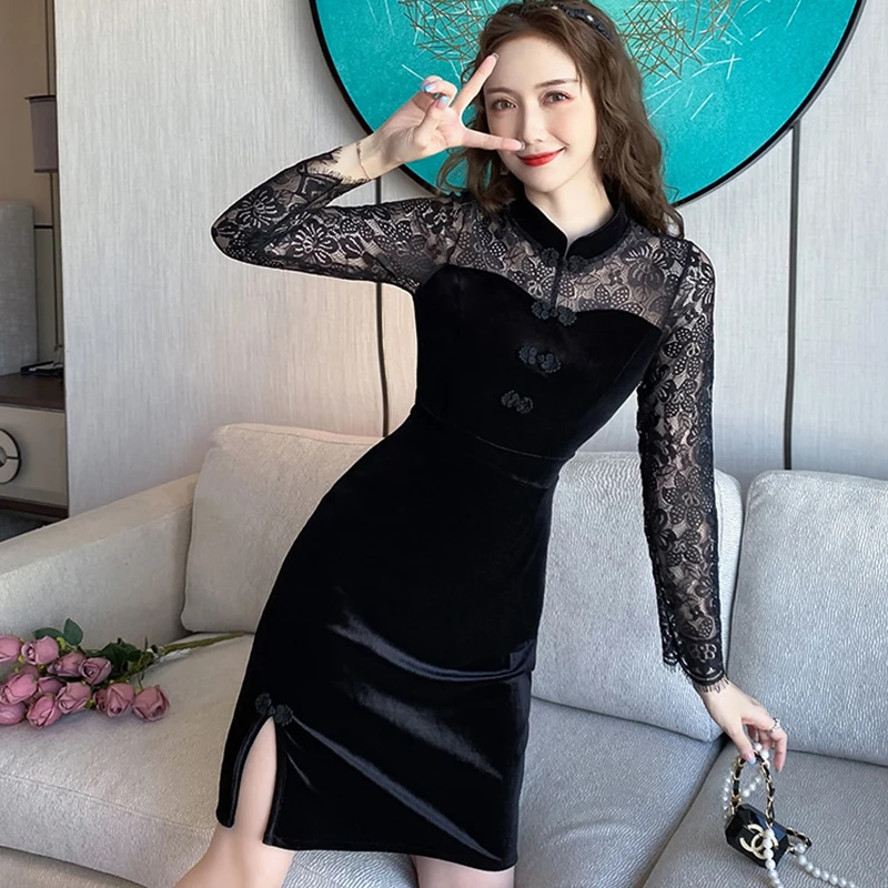 Женское кружевное платье-карандаш средней длины элегантное бархатное черное