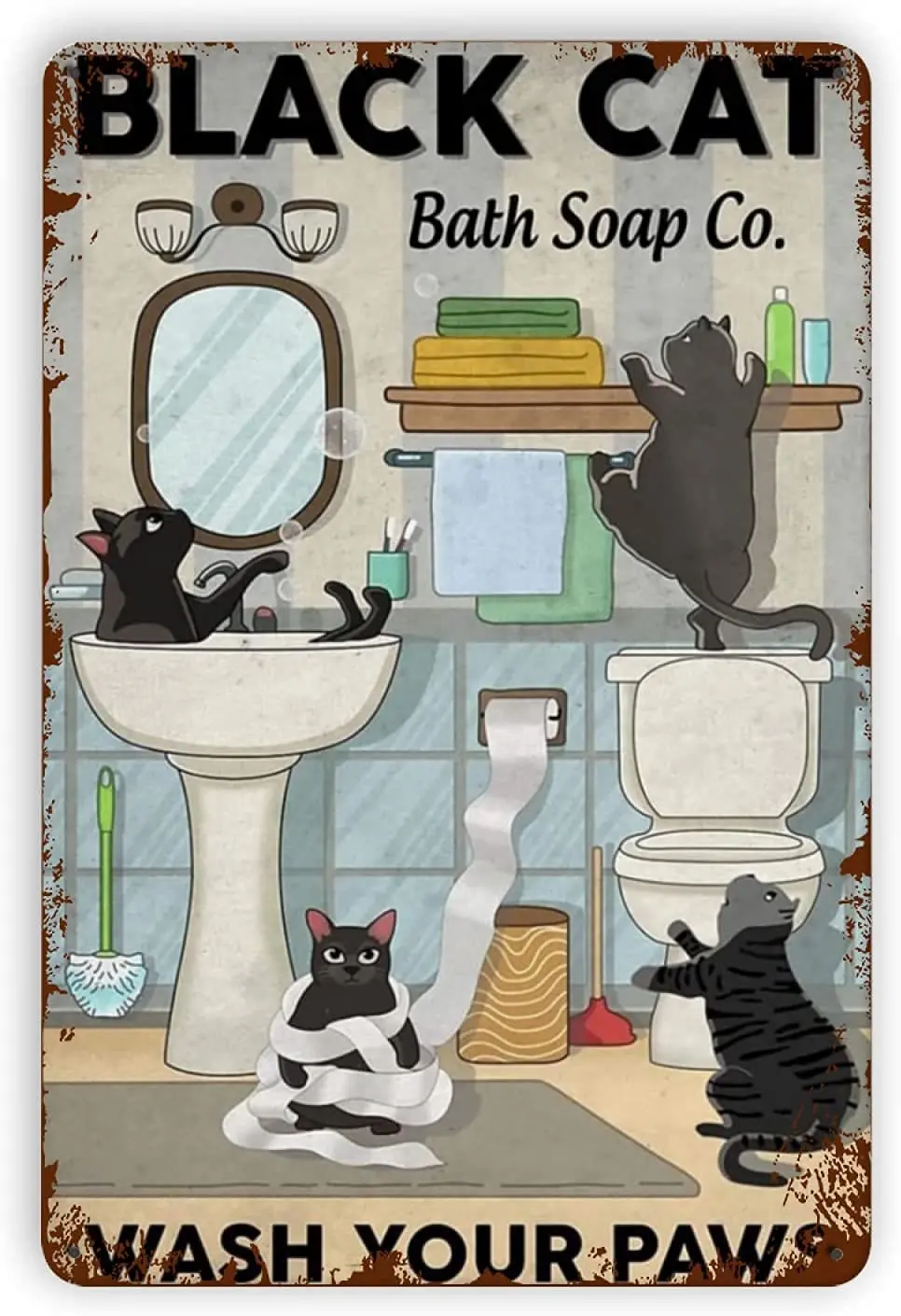 

Cat Metal Tin SignBlack Cat Bath Soap Co Wash Your PawFace Poster Home Bathroom Toilet Living Room Art Wall Decoration