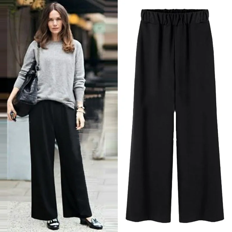 

New Women Casual Basic Loose Elastic Long Wide Leg Pant Trousers Straight Black Plus Size L~5XL