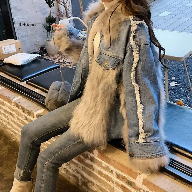 Winter New Style Fox Fur Denim Stitching Fur Jacket Female Mid-Length Thick Short Jacket Trend