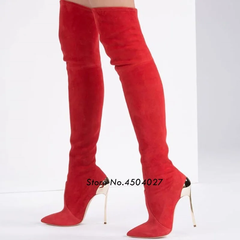 Red Thigh High Suede Boots - Shoes 