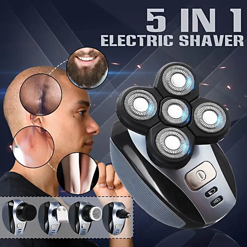 

Electric Shaver 5 in 1 Electric Shaver Cordless Hair Clippers Nose Hair Trimmer Waterproof USB Rechargeable For Men Bald Head