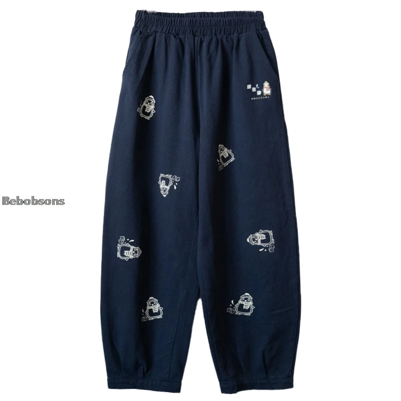 Повседневные Хлопковые женские брюки с принтом снеговика вышивкой эластичным