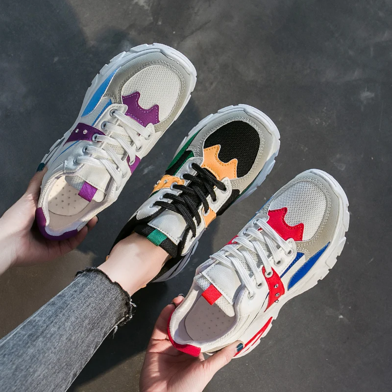 Кожаная обувь на платформе Стильная женская для бега Кроссовки Harajuku толстой