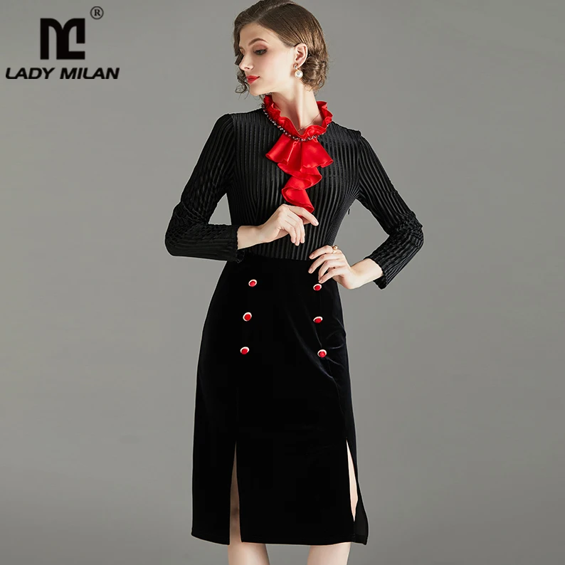 Модное подиумное женское платье с гофрированным воротником и длинными рукавами