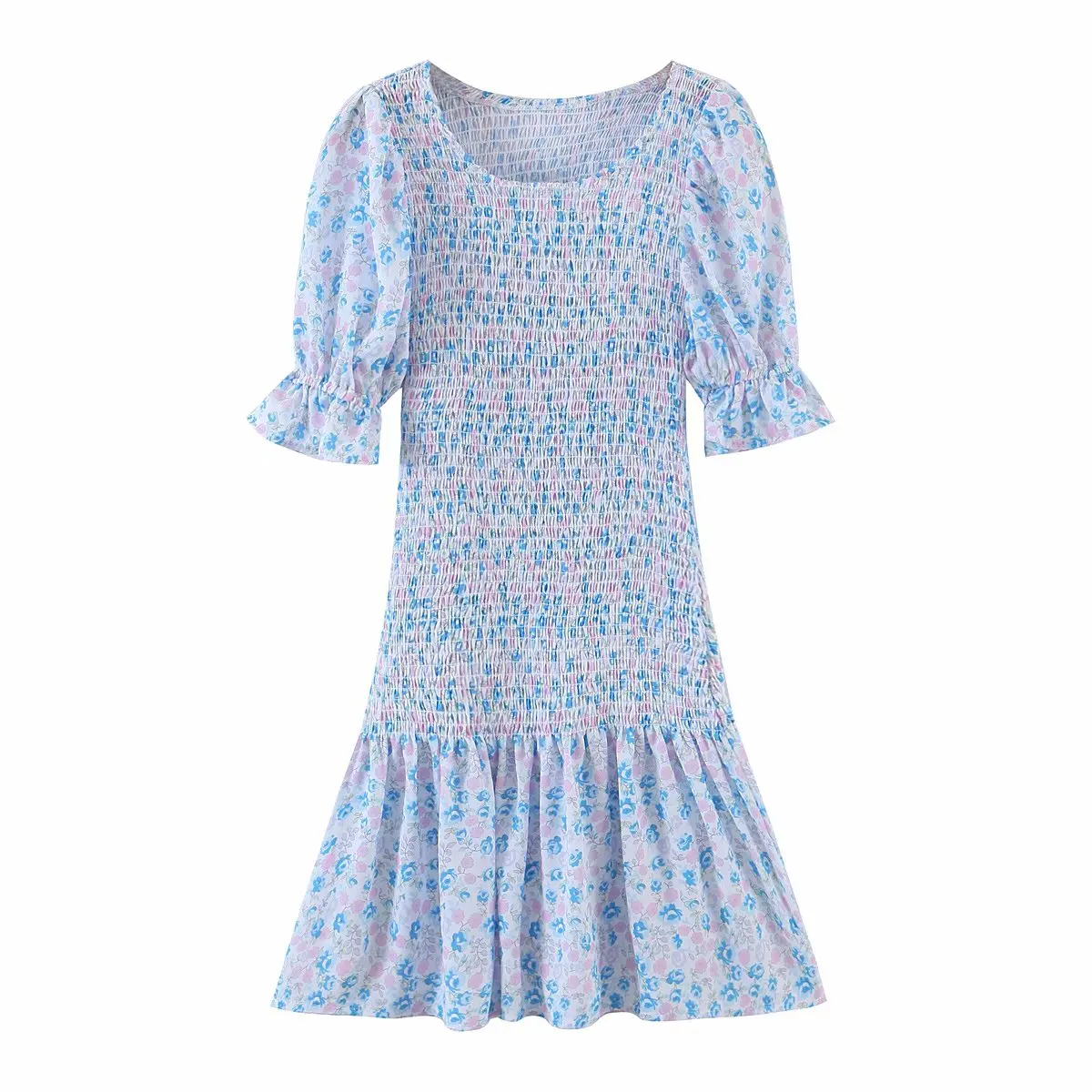 

Женское винтажное платье с коротким рукавом, синее платье с цветочным принтом, с круглым вырезом