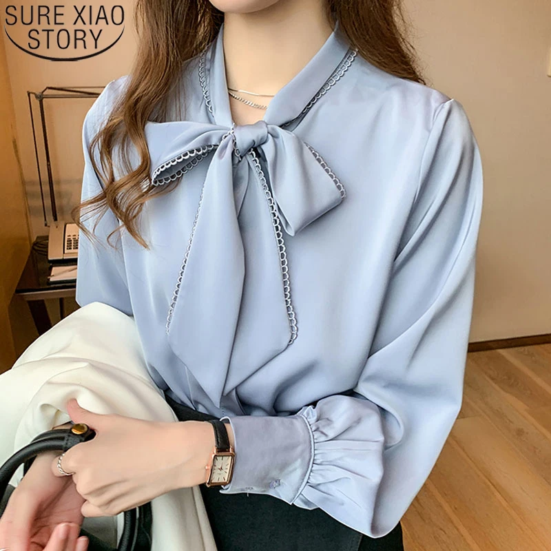 

Korean Tops Bow Satin Chiffon Blouse Women 2021 Spring Fashion Loose Long Sleeve Shirt White Blue Office Lady Clothes 10691