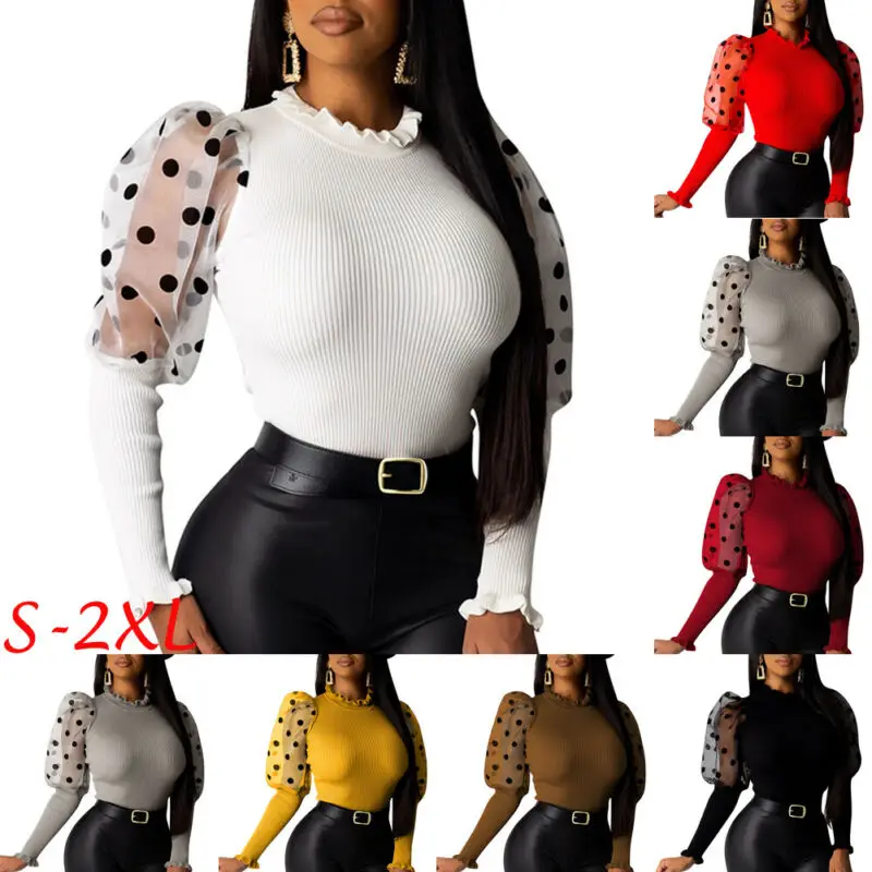 

Vintage Women Shirts Slim Puff Sleeve Turtleneck Casual Slim Tops Knit Mesh Long Sleeve Spliced Sweater 2020 Spring Shirt Blouse