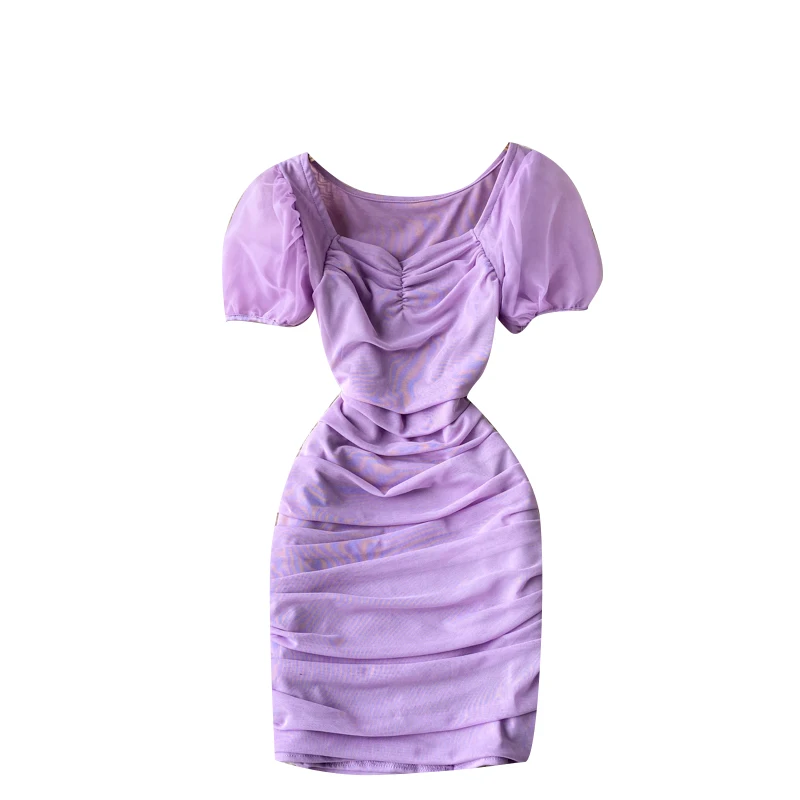 

Pleated Sexy Sheath Dress V-neck Puff Sleeve Slim Fit Slimming Korean Style Spring New Women's Fashionable Short Skirt