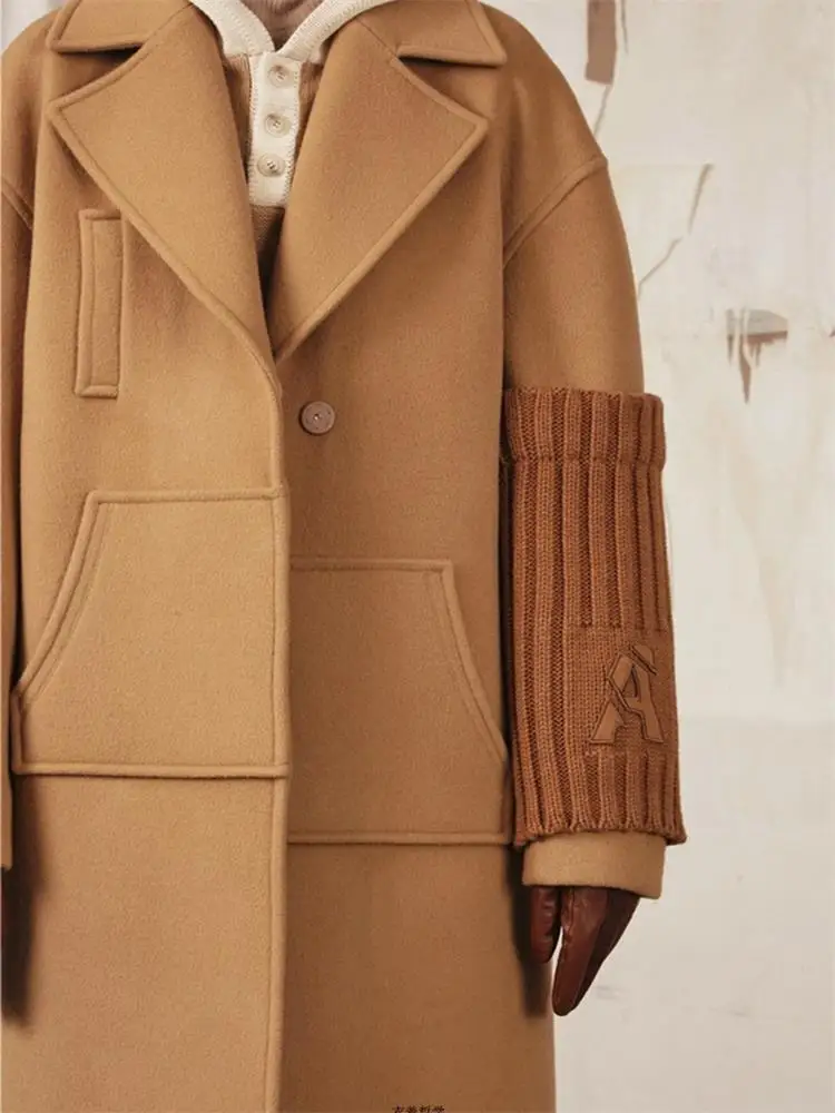 Мужское пальто с мехом camel Свободное средней длины в стиле кокон | Мужская одежда